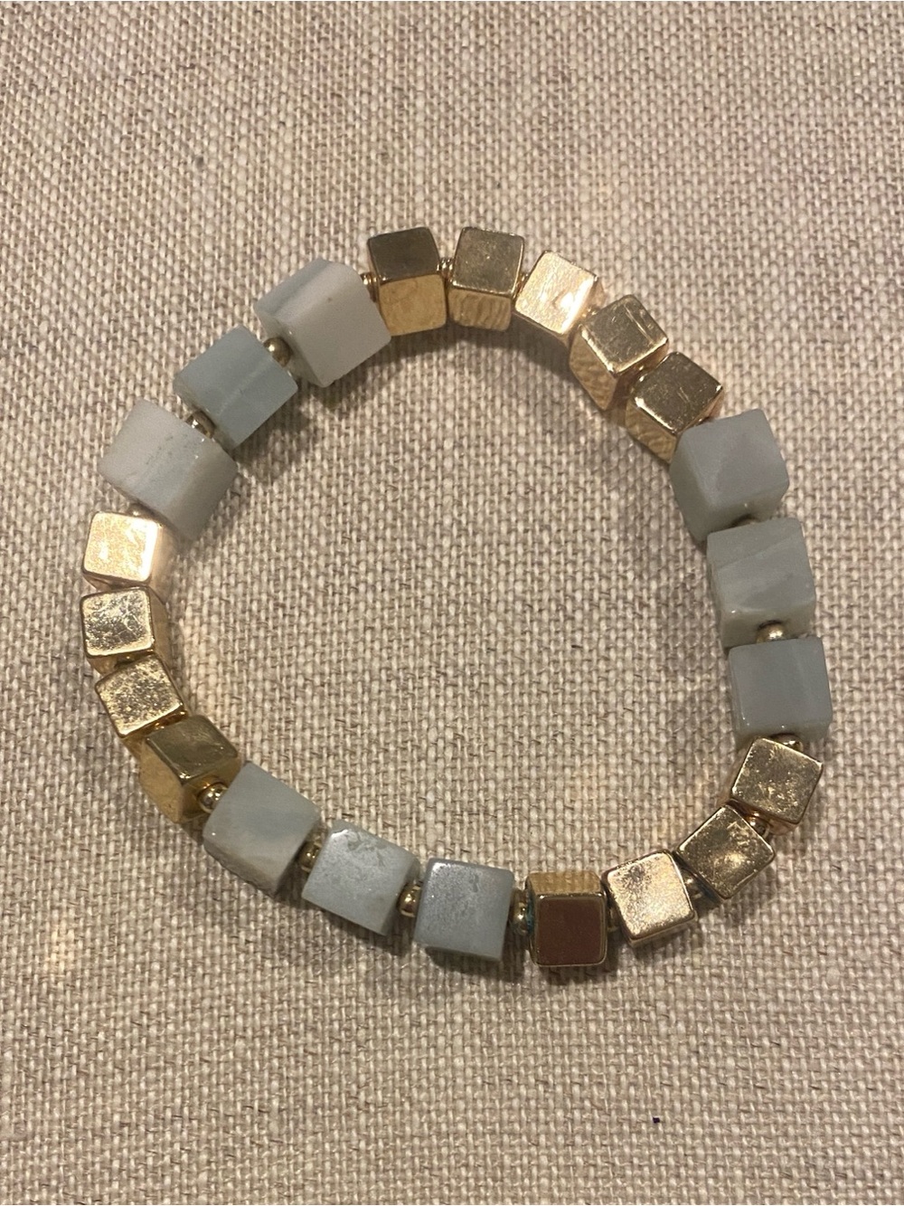 Gold & Light Gray/Aqua Cube Bead Stretch Bracelet
